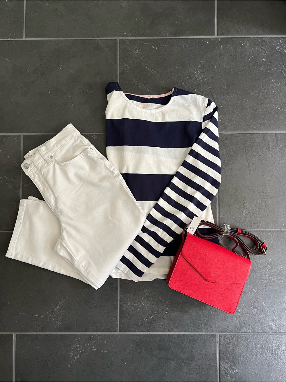Boden White  Long Sleeve Top with Navy Stripe.  Beach Vacation Wear